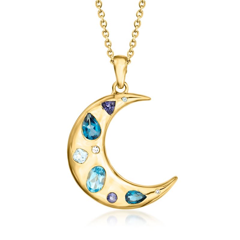 Ross-Simons 1.39 ct. t.w. Multi-Gemstone Moon Pendant Necklace With Lab-Grown Diamonds in 18kt Gold Over Sterling Size 18