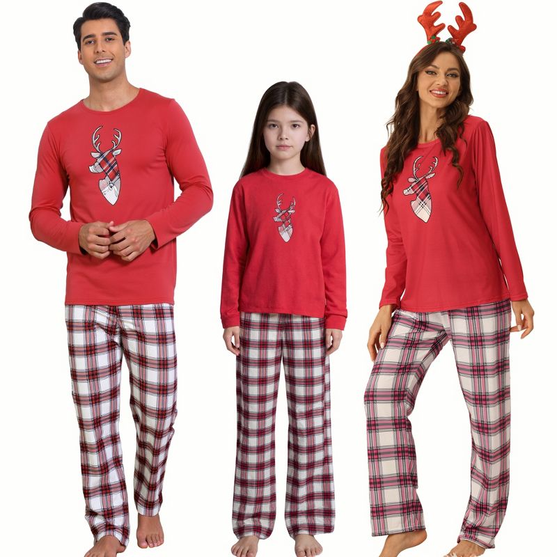 cheibear Christmas Elk Print Tops with Plaid Pants Xmas Sleepwear Family Pajama Set Red Women's Large