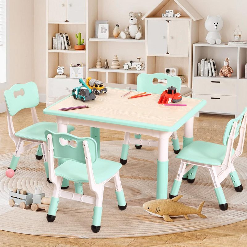 5-Piece Kids Table and Chairs, Height Adjustable Toddler Table and Chair Set with Graffiti Desktop, Non-Slip Legs for Classroom, Daycare, Teal