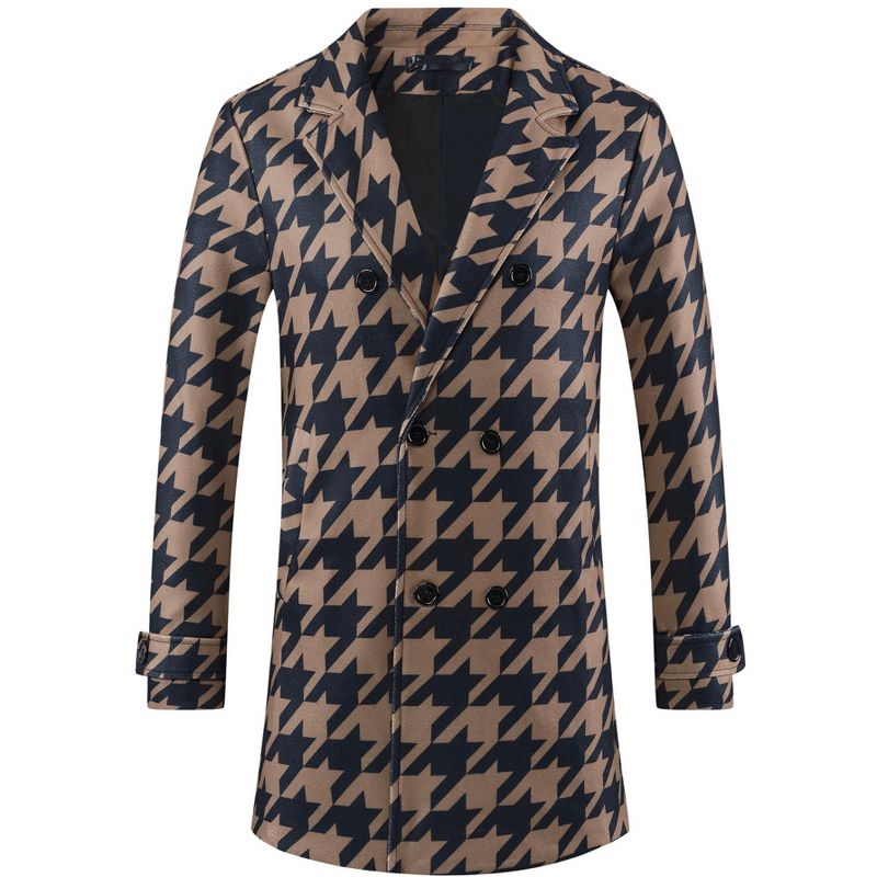 Lars Amadeus Men's Houndstooth Double Breasted Plaid Pattern Winter Long Coat Brown X Large