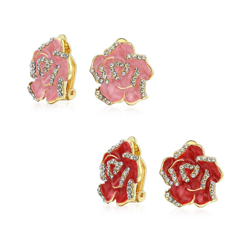 Bling Jewelry Set of 2 Pink Red Enamel Crystal Edge Flower Clip-On Earrings Gold Plated For Non-Pierced