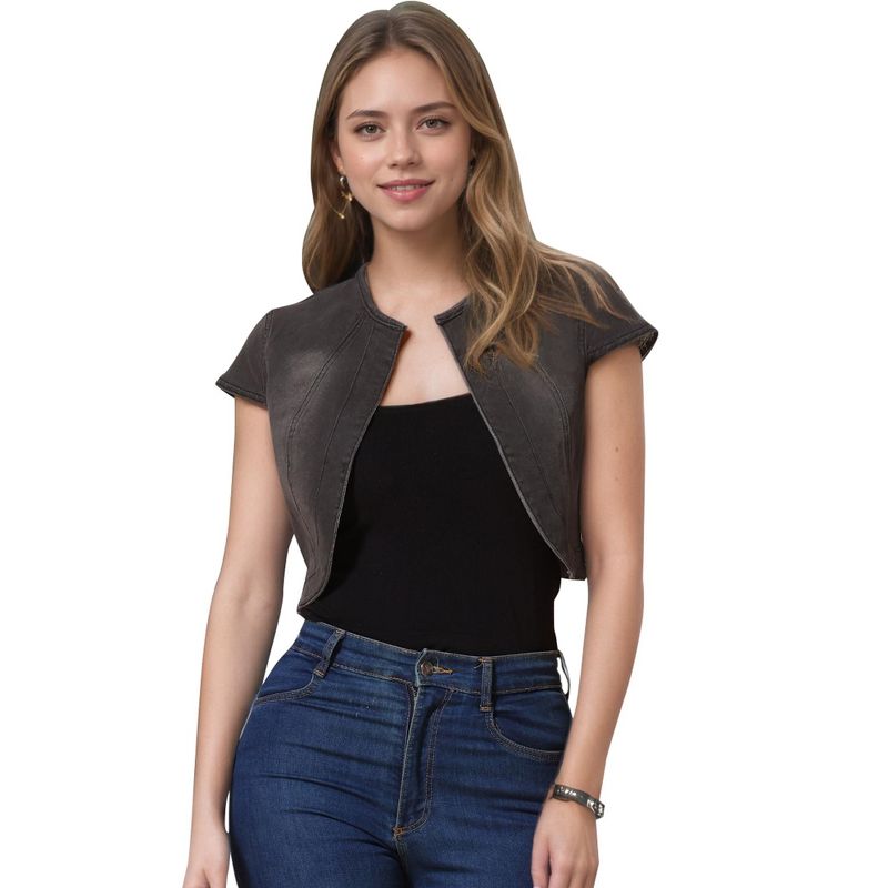 INSPIRE CHIC Women's Cap Sleeve Slim Fit Summer Open Front Crop Denim Jacket Black Grey Medium