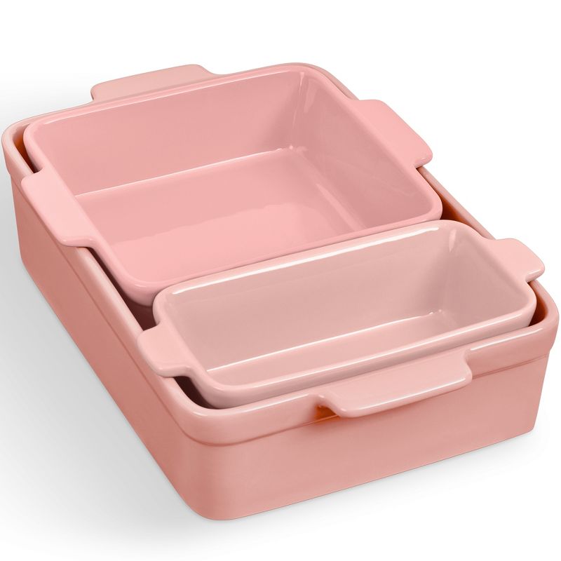 Best Choice Products 3-Piece Ceramic Bakeware Set, Stoneware Baking Dishes, Casserole Serving Set - Pink Champagne