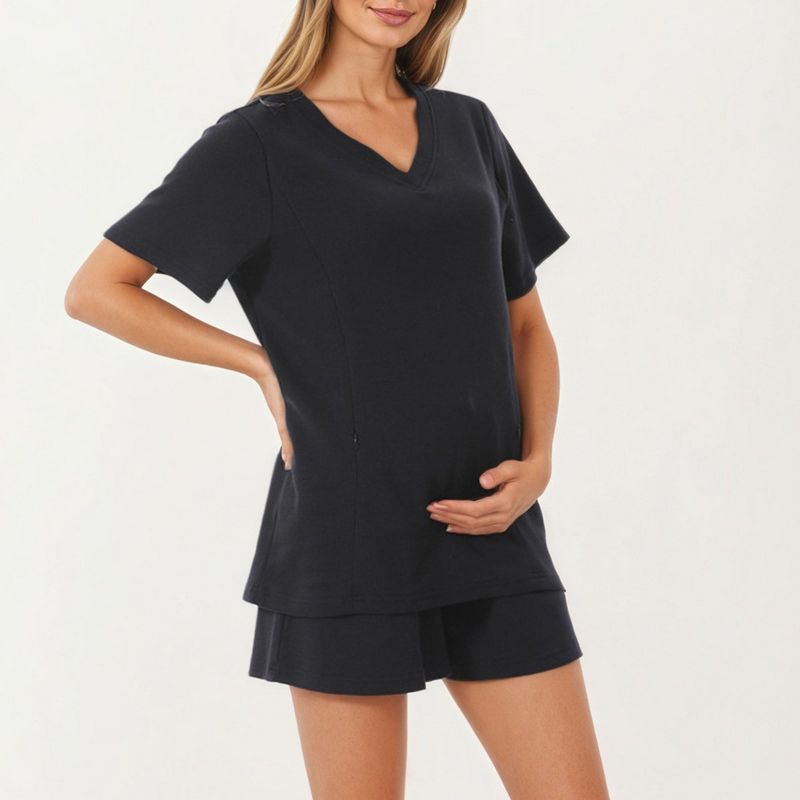 Anna-Kaci Women's 2-Piece Set Maternity V-Neck Short Sleeve Pajama Top with Relaxed Fit Shorts - Black