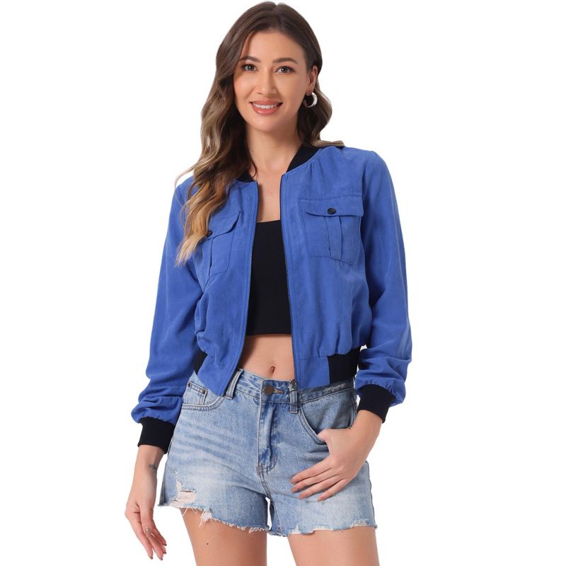 INSPIRE CHIC Women's Stand Collar Zip Up Flap Pocket Bomber Jacket Blue Small