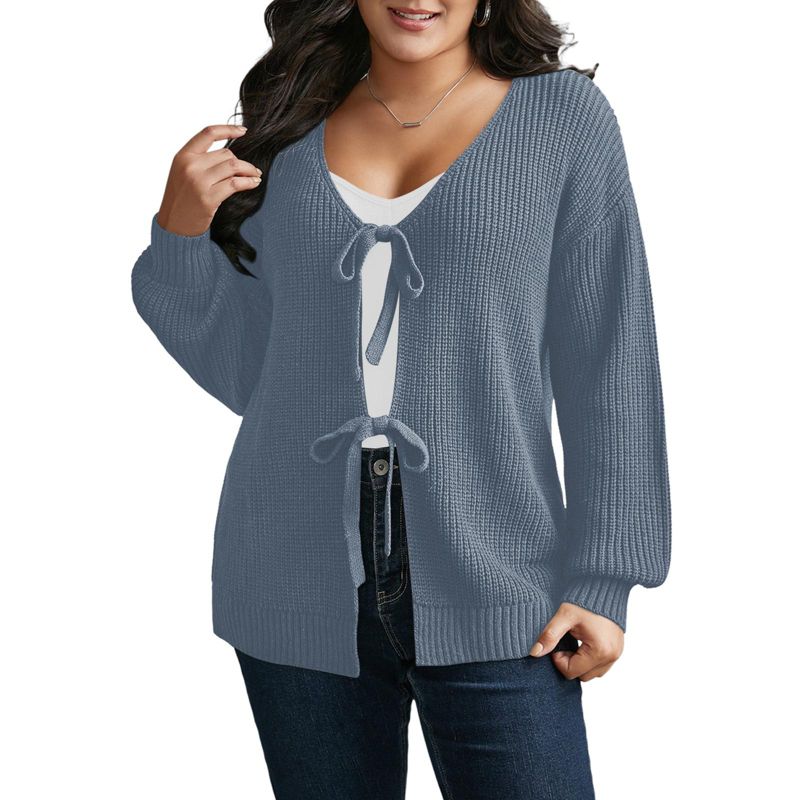 Cardigan Sweaters for Women Trendy Open Front Long Sleeve Button Down Bow Knot Cropped Lady Jacket Gray 5XL