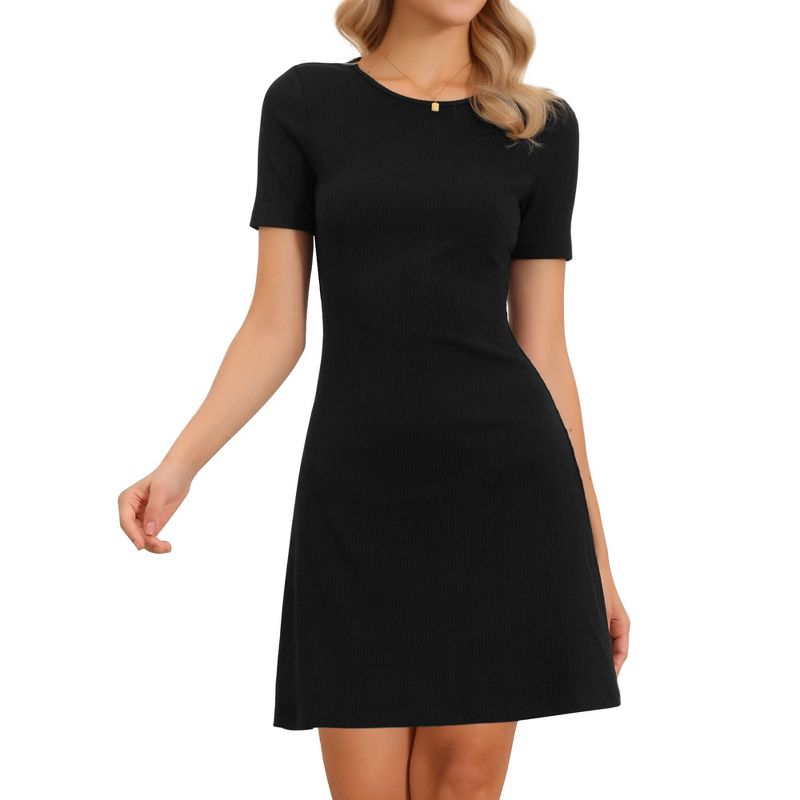 INSPIRE CHIC Women's Knit Short Sleeves Crew Neck Solid Color Summer Mini A-line Dresses Large Black