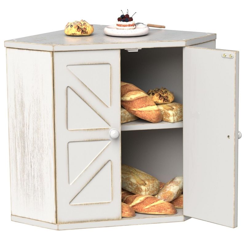 MOEPISY Corner Wooden Bread Box for Kitchen Countertop, Space-Saving Storage for Homemade Bread, Antique White