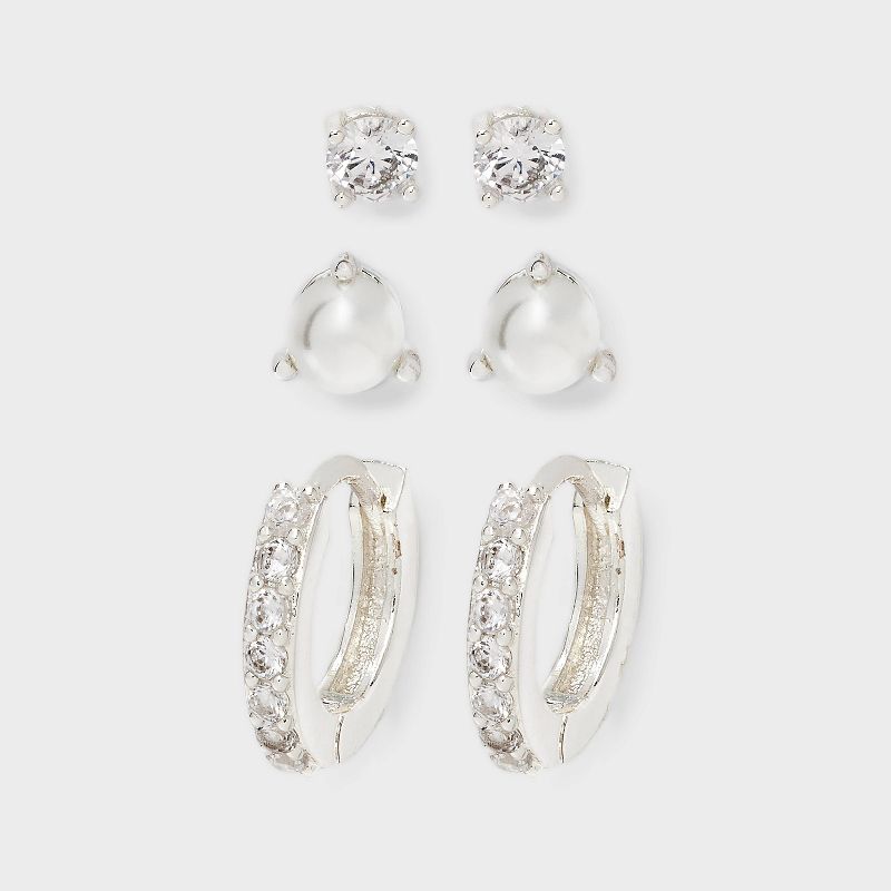 Silver Plated Cubic Zirconia Glass Pearl Post and Hoop Earring Set 2pc - A New Day™ Silver