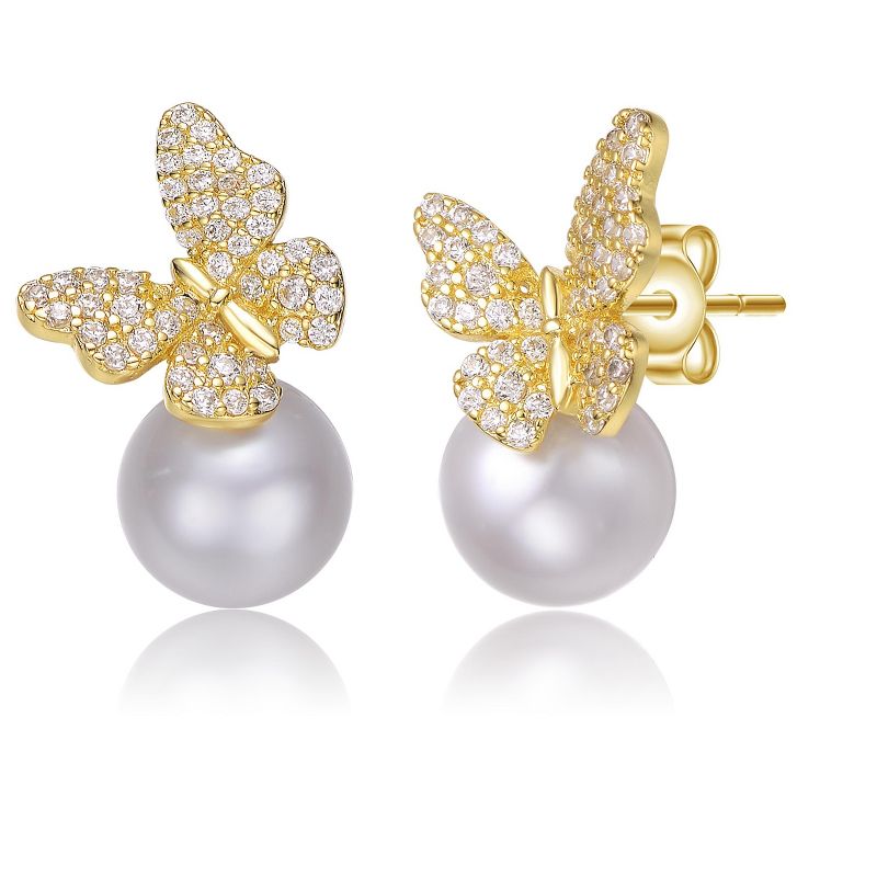 Guili Sterling Silver Gold Plated Butterfly Earrings with Pearl & Cubic Zirconia, a Whimsical and Graceful Accent for Effortless Beauty