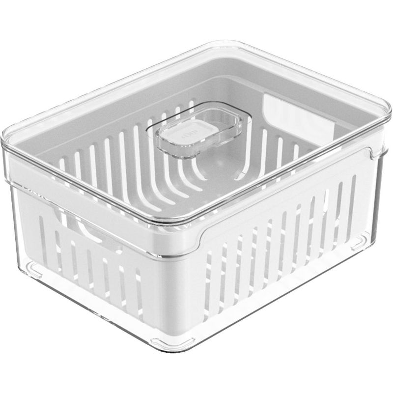 OU Fridge Organizer Bin with Drain Basket & Vented Lid, 2.3 qt Clear Stackable Refrigerator Storage Container, Produce Kitchen Storage Bin, BPA Free