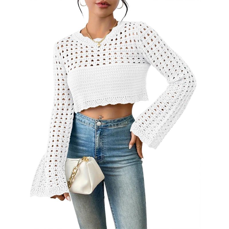 Women's Crochet Lightweight Crop Sweaters Summer Boho Tops Long Sleeve Hollow Out Short Knitwear