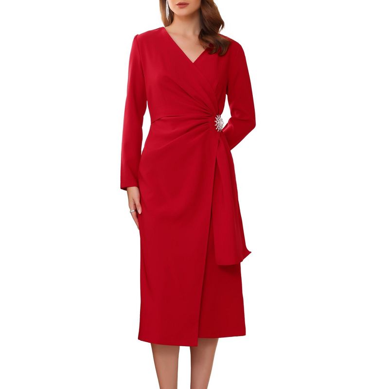 INSPIRE CHIC Women's Cocktail Wrap Ruched V Neck Long Sleeve Elegant Formal Sheath Dresses Medium Burgundy