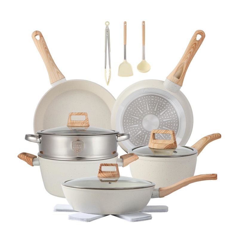 Aoibox 16-Piece Non Stick Cookware Set with Fryers, Steamer, Stewer, Silicone Spatula, and Pot Protectors for Daily Cooking