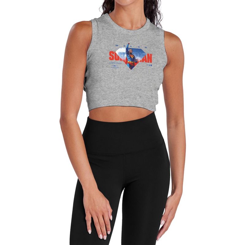 Women's Superman 2025 Up In The Sky Sleeveless Crop Top Tank, Athletic Heather, Large