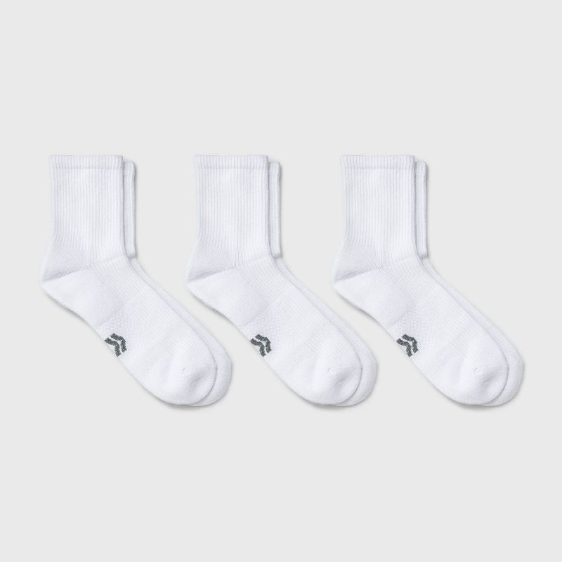 Men's 3pk Quarter Crew Socks - All In Motion™ White 6-12: Cushioned Heel, Flat Seams, Midweight Knit