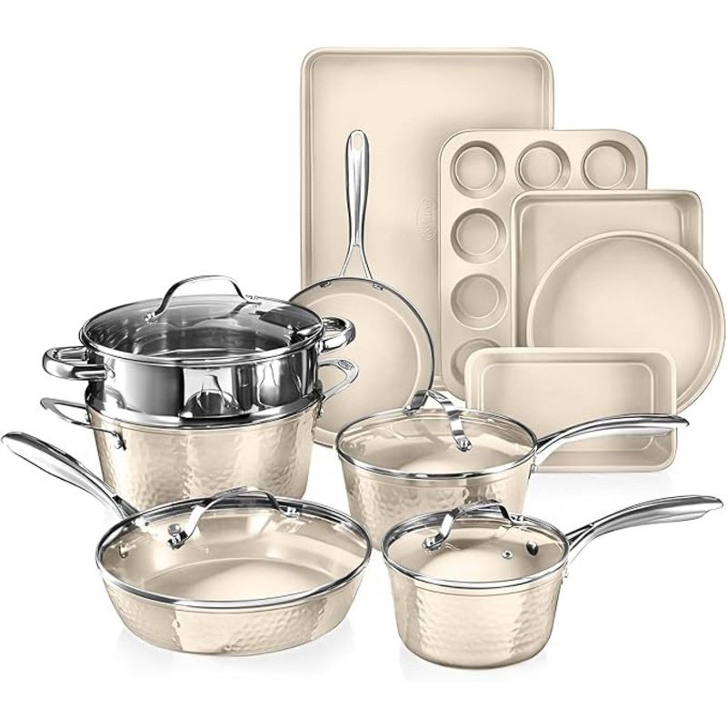 Gotham Steel Hammered Cream 15 Pc Nonstick Pots and Pans Cookware and Bakeware Set
