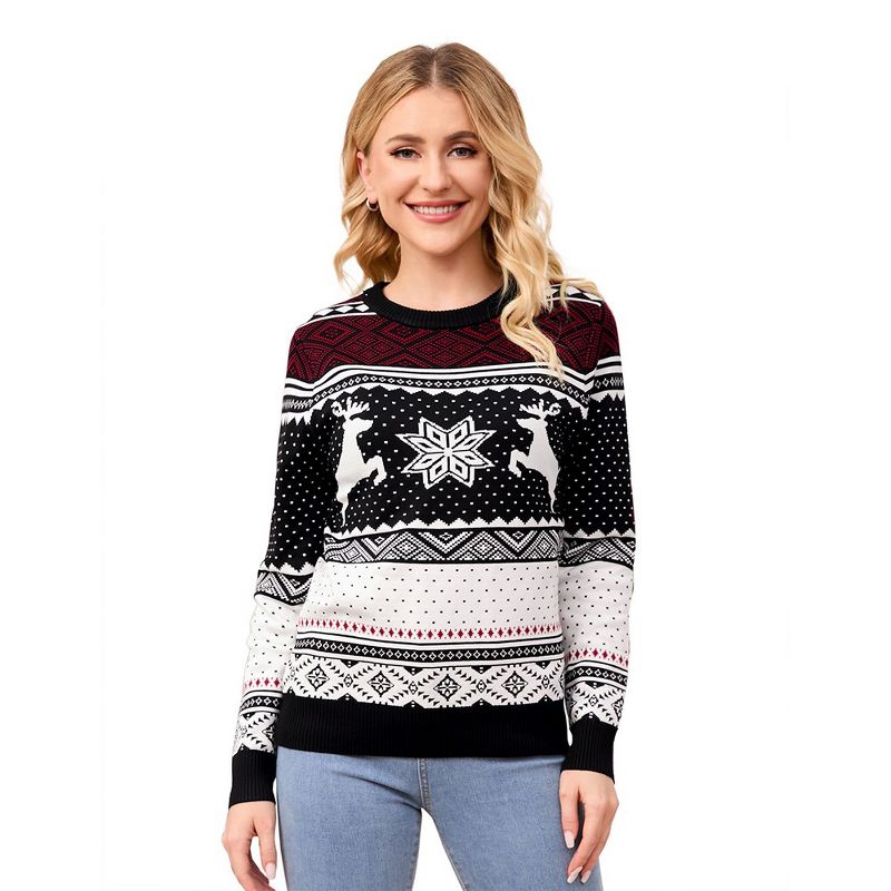 Womens Christmas Sweater 2025 for Winter Holiday Festive Jacquard Pullovers Classic Fair Isle Pattern Christmas Sweaters,Black - S