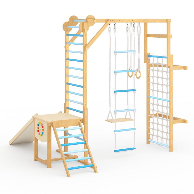 8 in 1 Indoor Jungle Gym for Kids 3-10 with Slide and Swing, Wooden Climbing Frame with Monkey Bars for Home Play