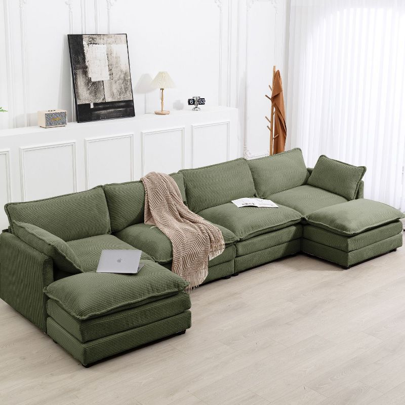 HYLEORY U-Shaped Sectional Sofa , Indoor Furniture Convertible Modular Corduroy Sectional Sofa Set with 2 Ottomans for Living Room in Avocado Green