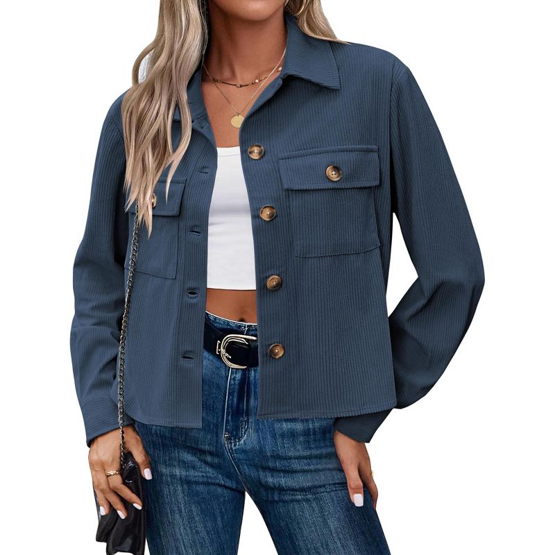 Coolmee Womens Fashion Cropped Jackets Corduroy Shackets Button Down Tops Midweight Long Sleeve Shirts with Pockets XL Navy Blue