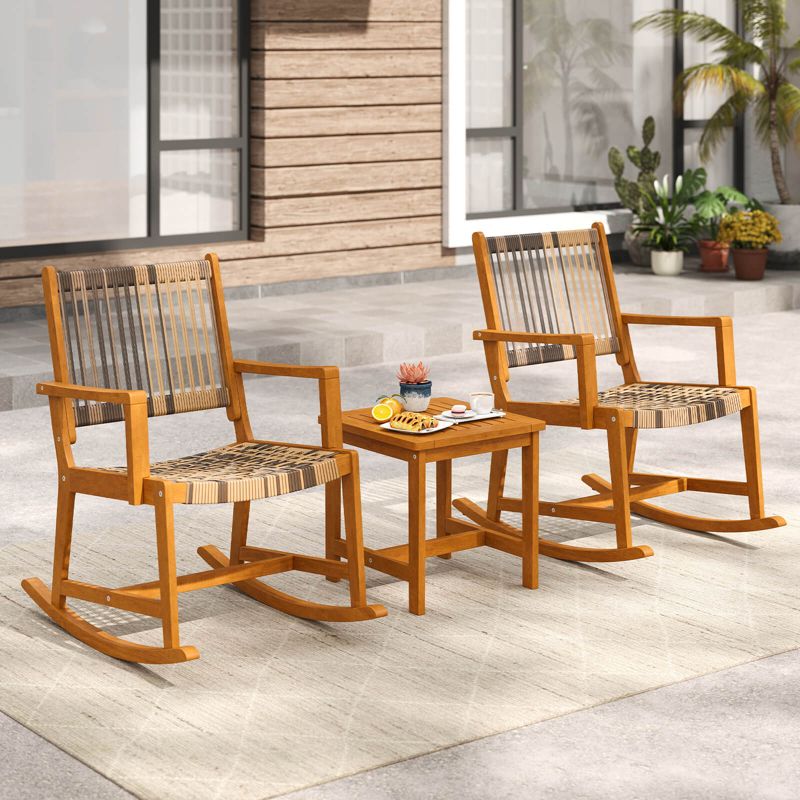 Costway 3 Piece Patio Rocking Set with Rattan Seat & Back Square Side Table for Porch