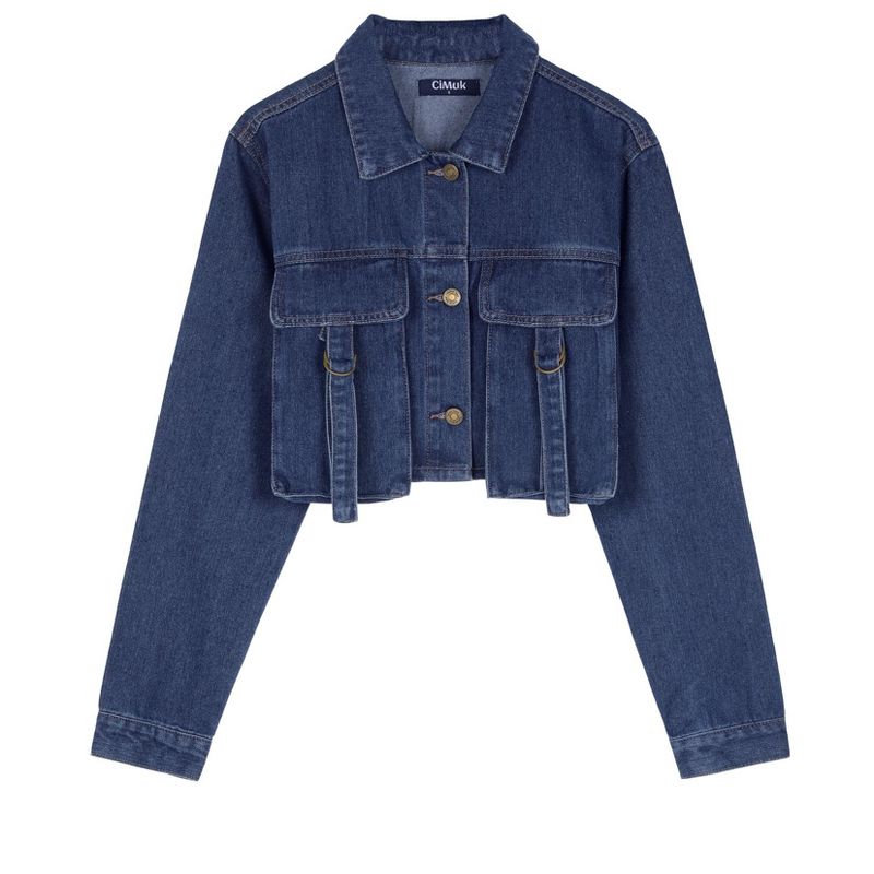 INSPIRE CHIC Women's Crop Turndown Collar Button Down Cargo Pockets Denim Jacket Dark Blue Large