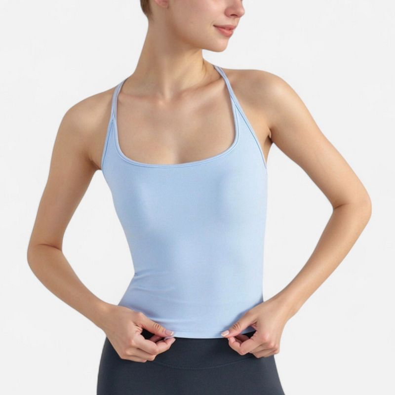 Anna-Kaci Active Women's Fitted Square Neck Tank Top with Built-In Bra and Racerback Design for Active and Casual Comfort - X Large, Light Blue