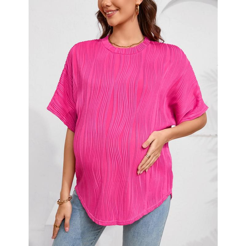 Women's Maternity Summer Shirts Casual Loose Fit Rib Short Sleeve Top Round Neck Long T-Shirt Blouses RoseRed Medium