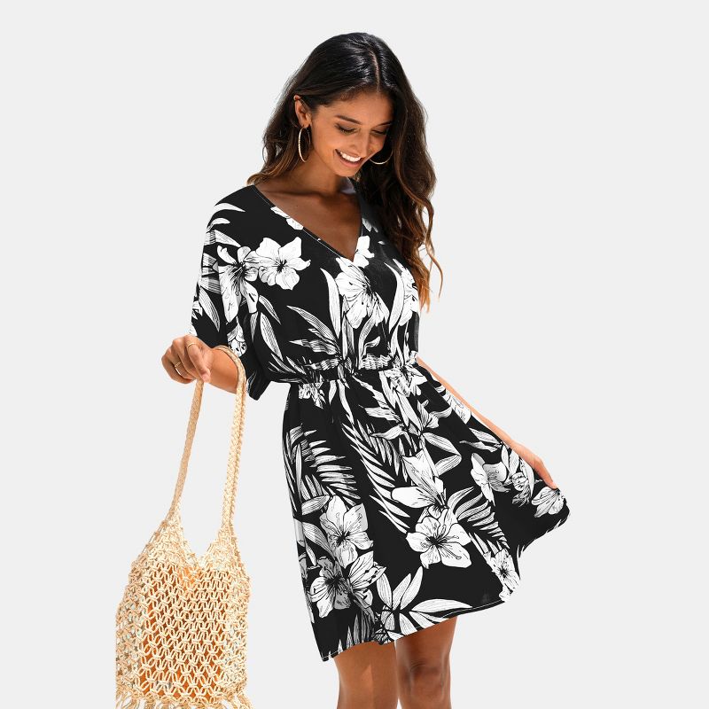 Women's Tropical Floral Print Wrap Dress with Flared Sleeves - Cupshe-L-Black