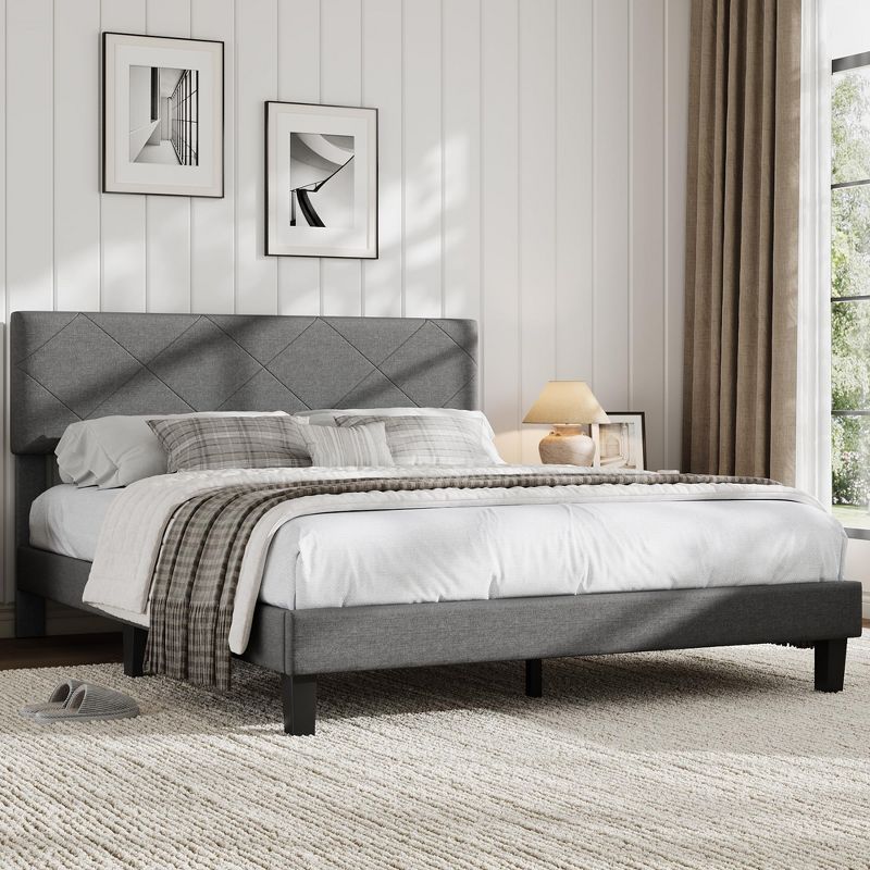 Queen Bed Frame with Upholstered Headboard, Platform Bed Frame with Wooden Slat Support