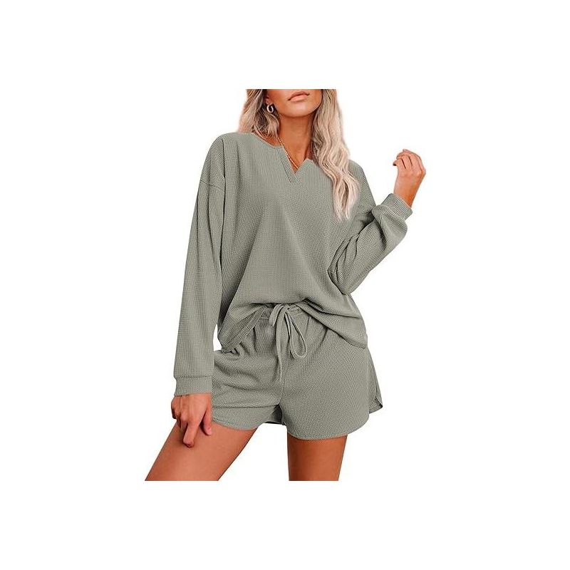 Ekouaer Pajama Set for Women Waffle Knit Lounge Sets Long Sleeve Top and Shorts Sleepwear Matching Loungewear Olive Green M