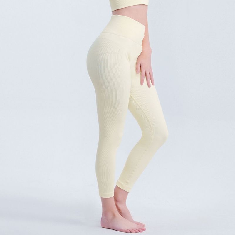 NAYSAYE L Women Yoga Pant Leggings Ribbed Solid High-Waisted Tummy Control Seamless Soft Gym Outfit Yoga Pants for Women Leg Training, Off-White