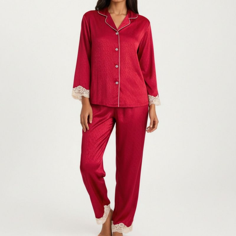 Anna-Kaci Lounge Women's 2-Piece Set Satin Button Front Pajama Top with Lace Trim Sleeves and Matching Elastic Waist Pants - Small, Burgundy