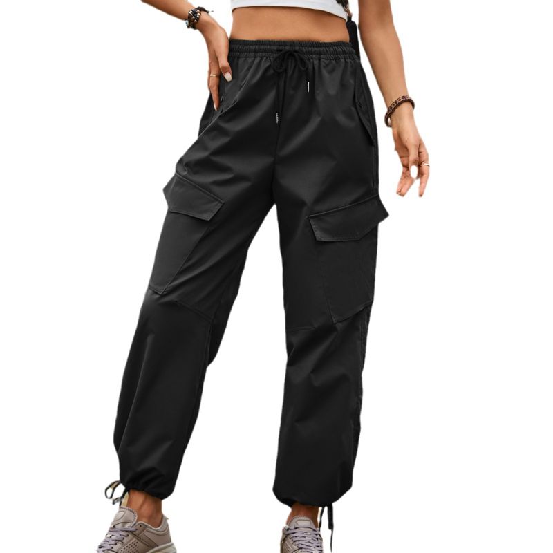 Coolmee Womens Cargo Pants Drawstring Elastic Waist Casual Jogger Pants for Girls Streetwear Loose Parachute with Pockets L Black
