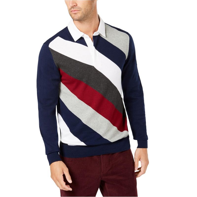 Club Room Mens Striped Rugby Polo Sweater, nvybluecombo, Small