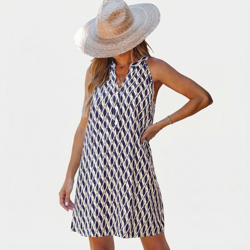Women's Chic Geometric Print Mini Dress with Split Neckline - Cupshe-S-Blue&White