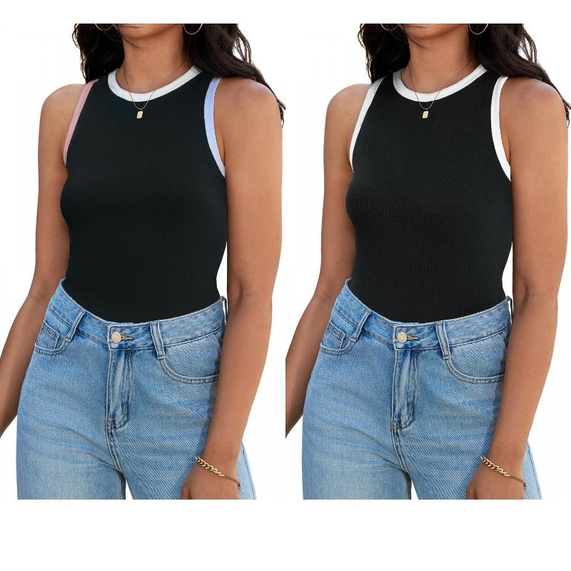 ATHLECHIC Women's Ribbed Summer Crew Neck Sleeveless Casual Fitted Tank Tops 2 Packs Black White/Black Blue Pink Large