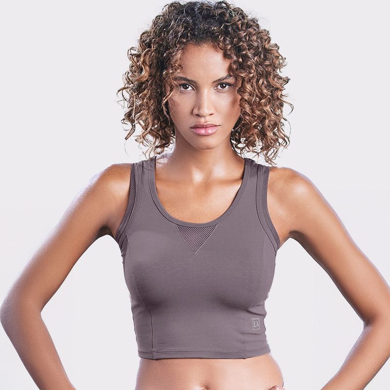 Women's Cropped Fitted Racerback Top - LASCANA - Grey Mauve Solid MEDIUM