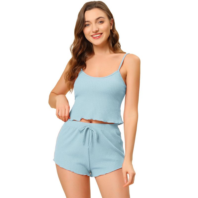 cheibear Women's Spaghetti Straps Cami Tops with Shorts Lounge Sleepwear Pajama Set Small Light Blue