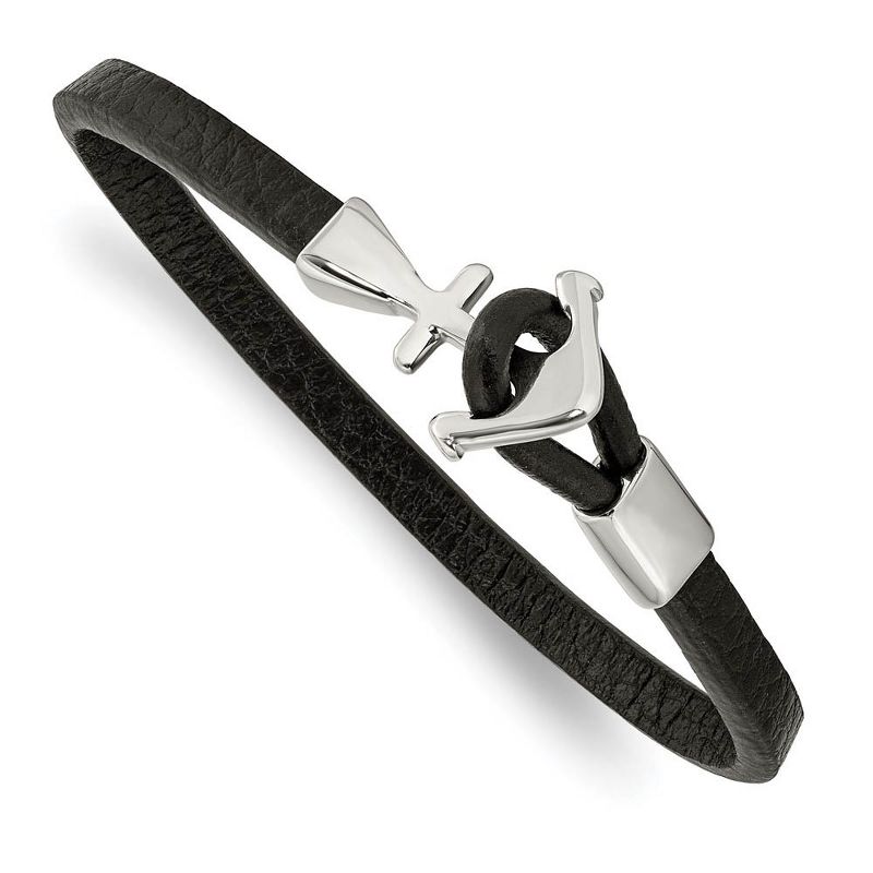 Black Bow Jewelry Women's Stainless Steel & Black Leather Anchor Toggle Bracelet, 8 Inch