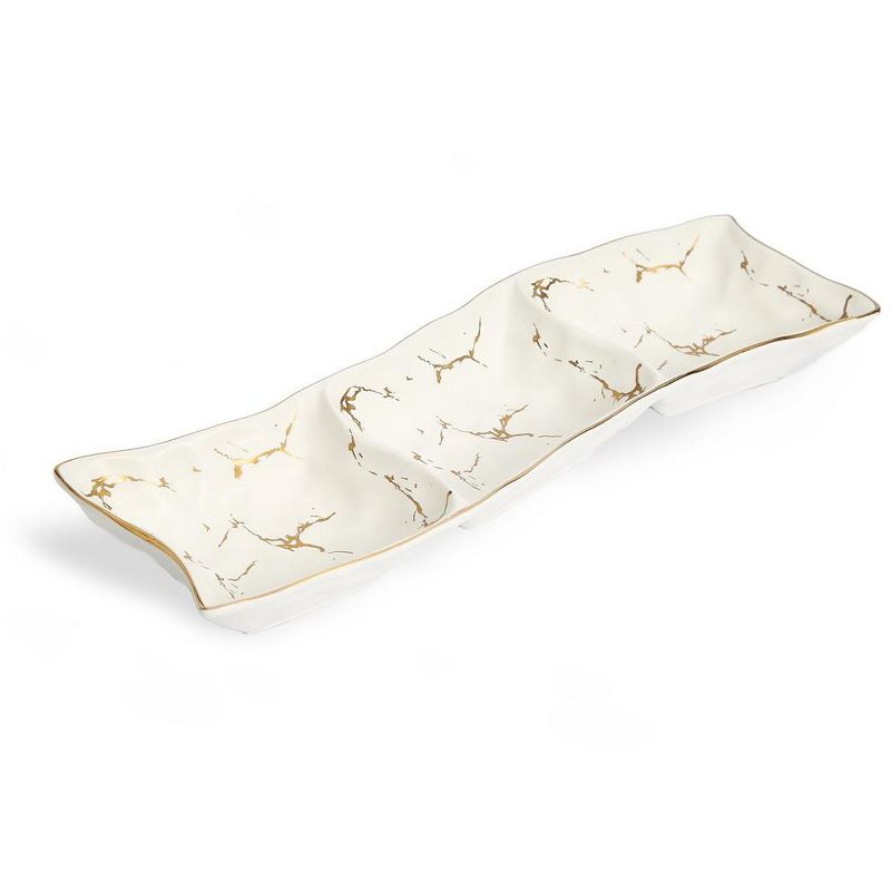 White Porcelain Relish Dish with Gold Design -13.5"L