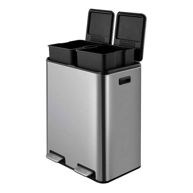 2 x 8 Gallon Dual Compartment Trash Can for Kitchen - Stainless Steel Step Garbage Bin with Removable Buckets & Soft-Close Lid, Recycling & Waste