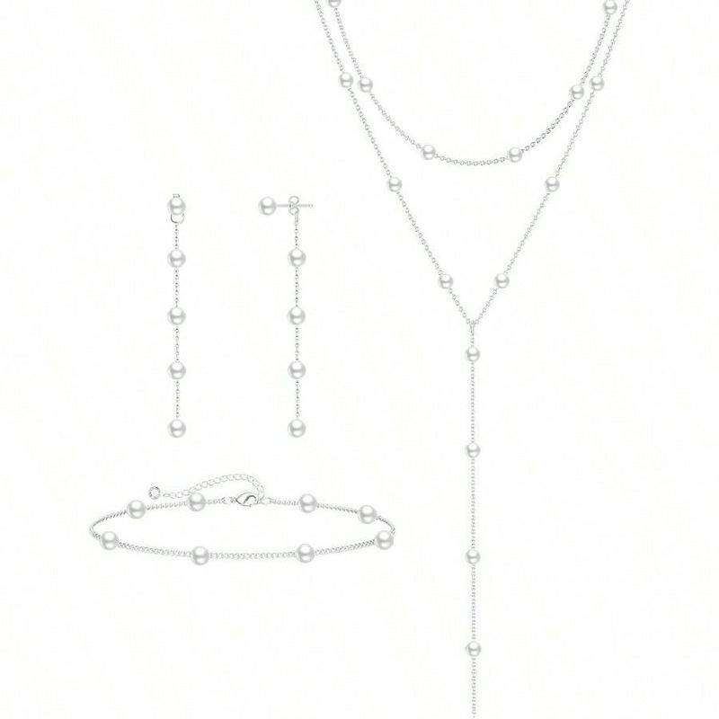 Dainty 14K Gold/Silver Plated Pearl Jewelry Set for Women, Wedding Trendy Gift. Silver Standard