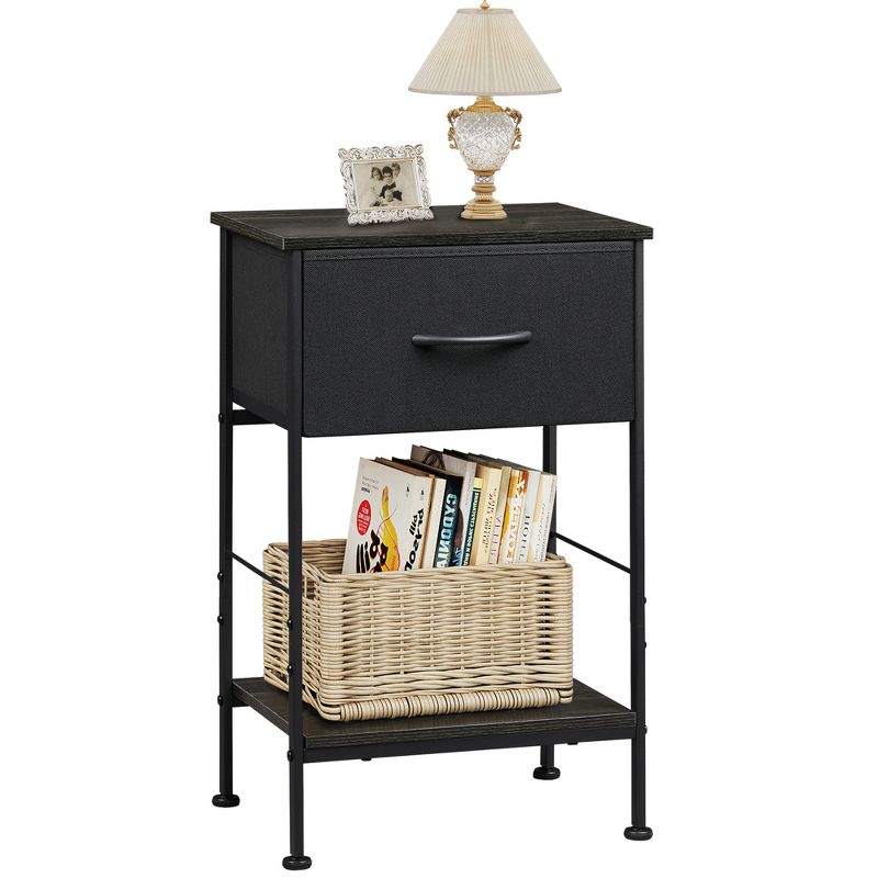End Table with Fabric Storage Drawer and Open Wood ShelfSteel Frame Bedside Furniture for Bedroom, Dorm, Charcoal Black