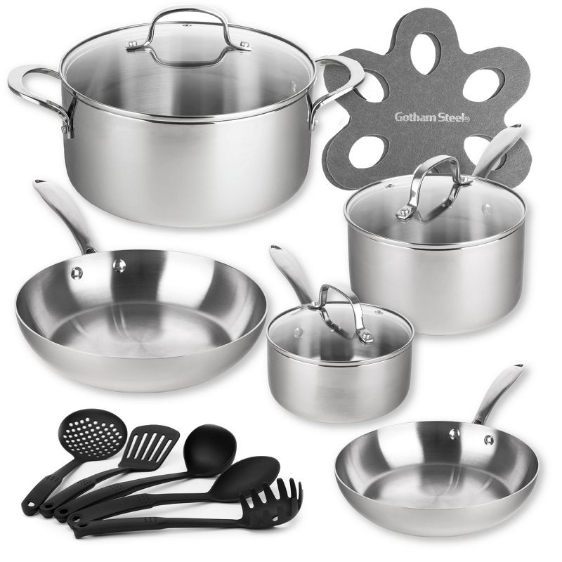 Gotham Steel Stainless Steel Cookware Set 15 Pc Tri-Ply Stainless Steel Pots and Pans Set