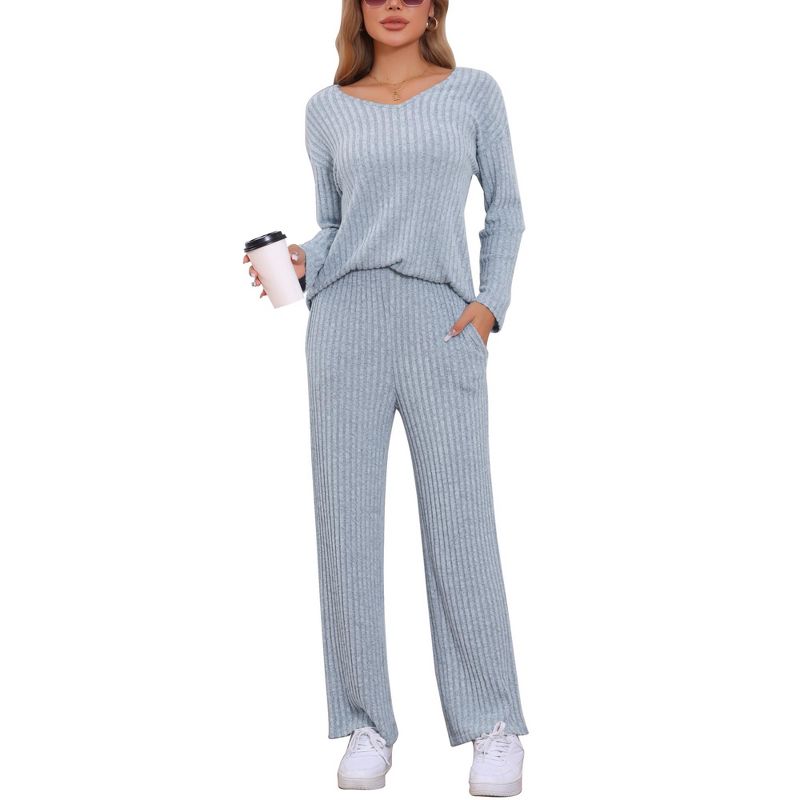 cheibear Women's Ribbed Knit V Neck Long Sleeve with Pants Casual Pajamas Sets Blue Small