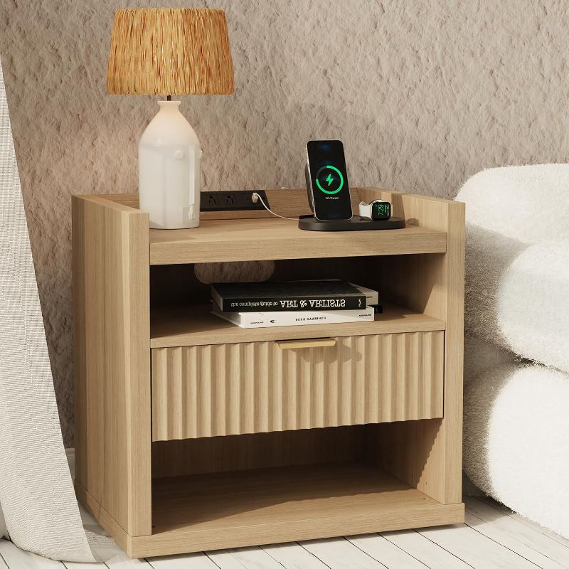 Wood End Table With Charging Station 1 Drawer Nightstand Large Modern Bedside Table Storage Accent Cabinet For Living Room Bedroom Home Office USB