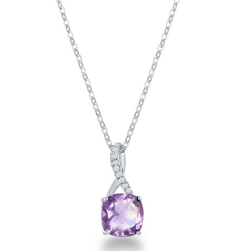 Simona Sterling Silver, White Topaz 18" Pendant Necklace, with 8mm Square Gem - Amethyst - Purple - 18 Inch