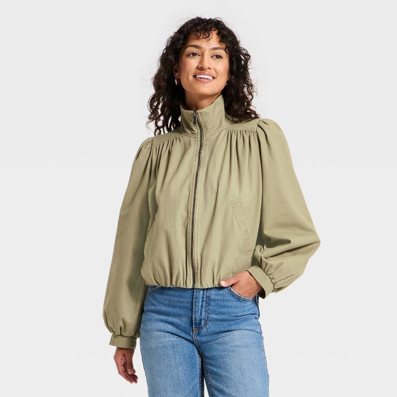 Women's Cropped Femme Twill Bomber Jacket - Universal Thread™ Tan L
